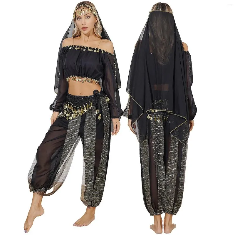 Stage Wear Set di costumi da danza del ventre da donna Bollywood Halloween Fancy Dress Top Harem Pants Sciarpa per fianchi Velo arabo