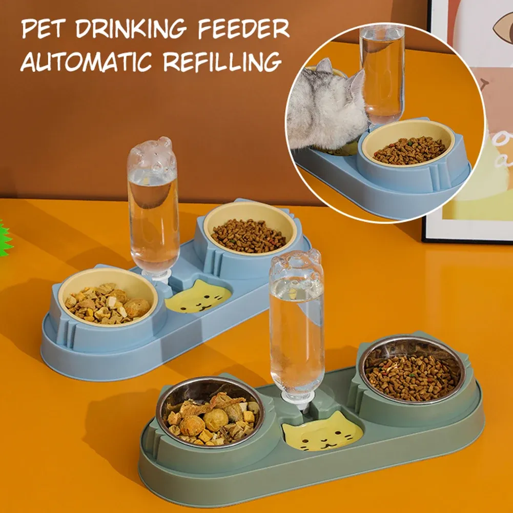 Leveranser dubbla hundkattskålar med vattendispenser lutade kattmaträtter för inomhus husdjur lätt fristående våt och torr matskåluppsättning