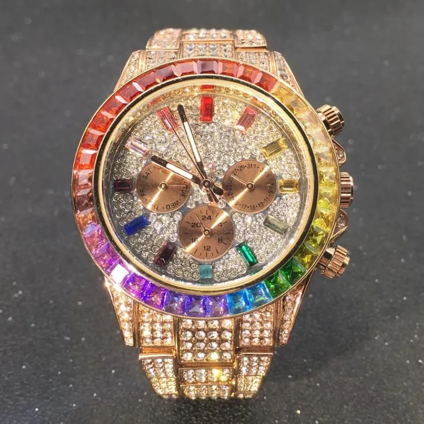 Armbandsur Rose Gold Iced Out Men Watches Three Eye Rainbow Diamond Watch Man Luminous Round rostfritt stål Hiphop armbandsur M3182