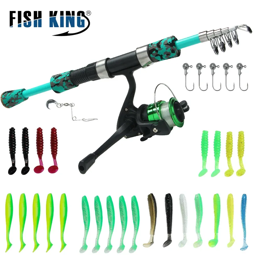 Combo FISH KING 1.5m Lure Spinning Rod Sets Soft Bait Carbon Fiber Telescopic Fishing Rod Reel Combo With Line Freshwater Lure Kit