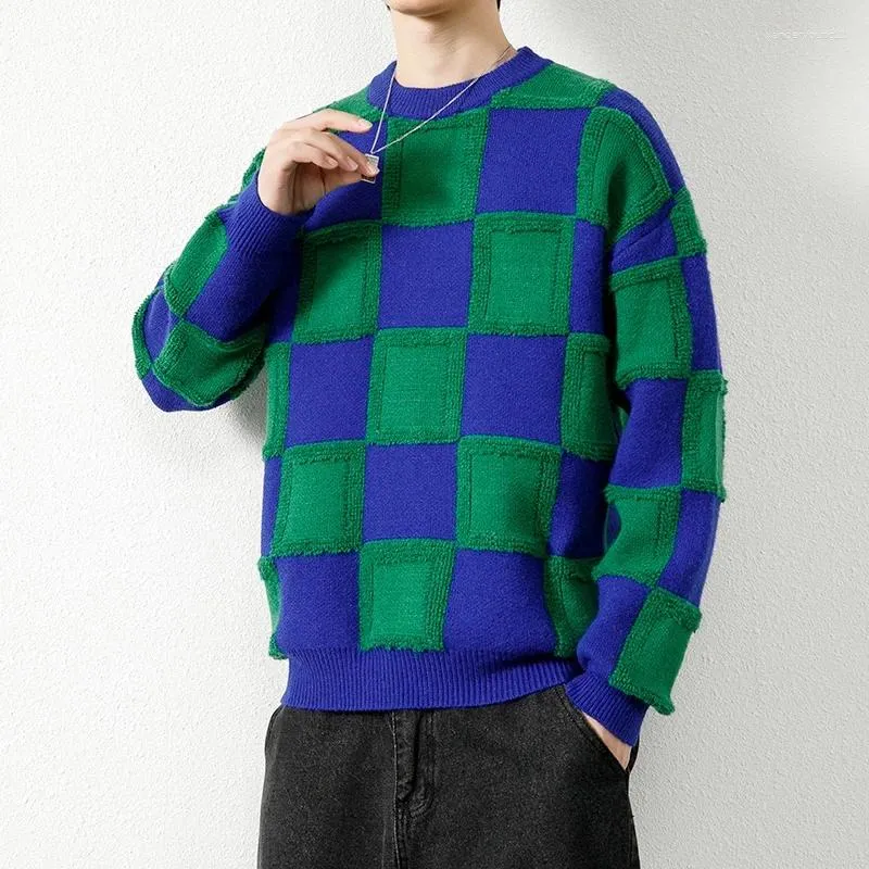 Pulls pour hommes automne et hiver haute qualité Plaid mâle lâche mode O cou à manches longues pull Harajuku cachemire