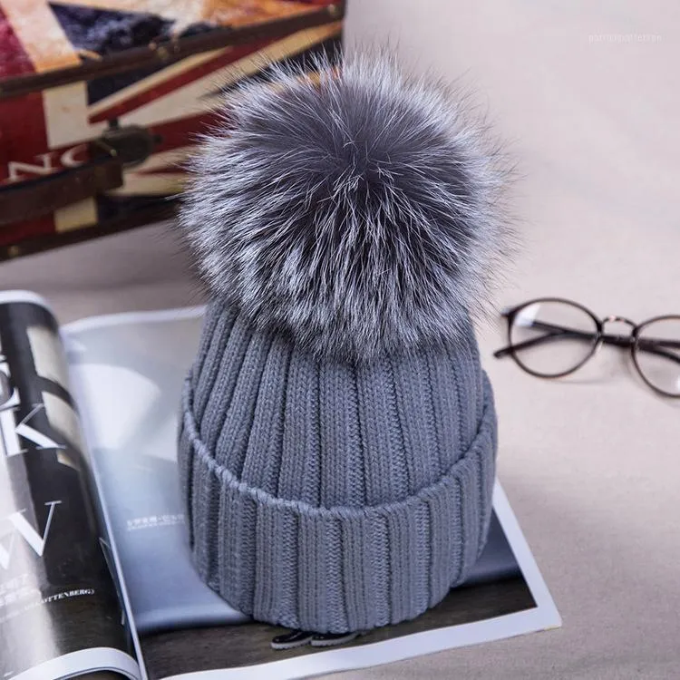 15 cm Echtpelz Ball Cap Pom Poms Winter Hut Für Frauen Mädchen Wolle Gestrickte Baumwolle Mützen Marke Dicke weibliche