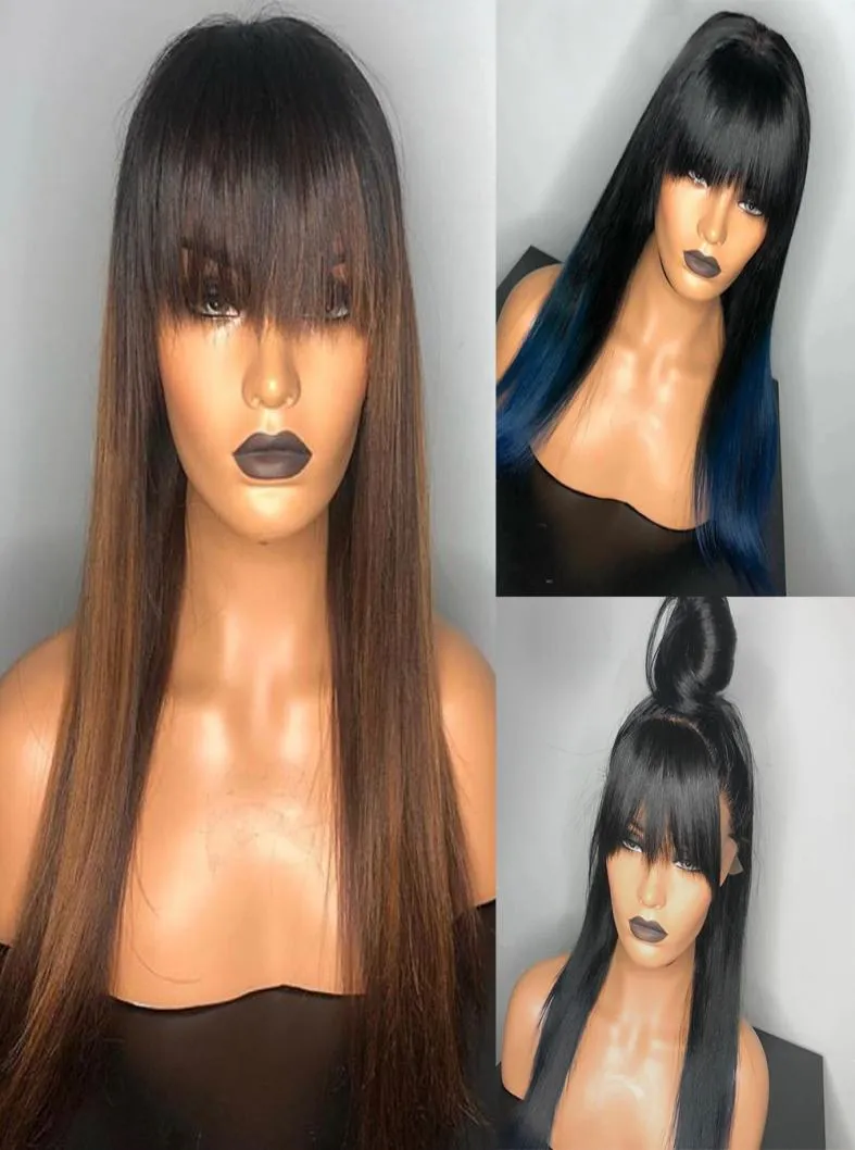 Parrucca blu di alta qualità Ombre Lace Front Bang Wig Parrucche sintetiche colorate per cosplay con Bang 13x4 Colore marrone Dritto Lace Front1246415