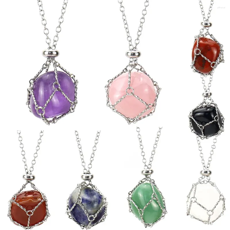 Pendant Necklaces 6pcs/lot Stainless Steel Metal Bamboo String Bag Prisoner's Cage Natural Stone Crystal Necklace For Women Men Jewelry