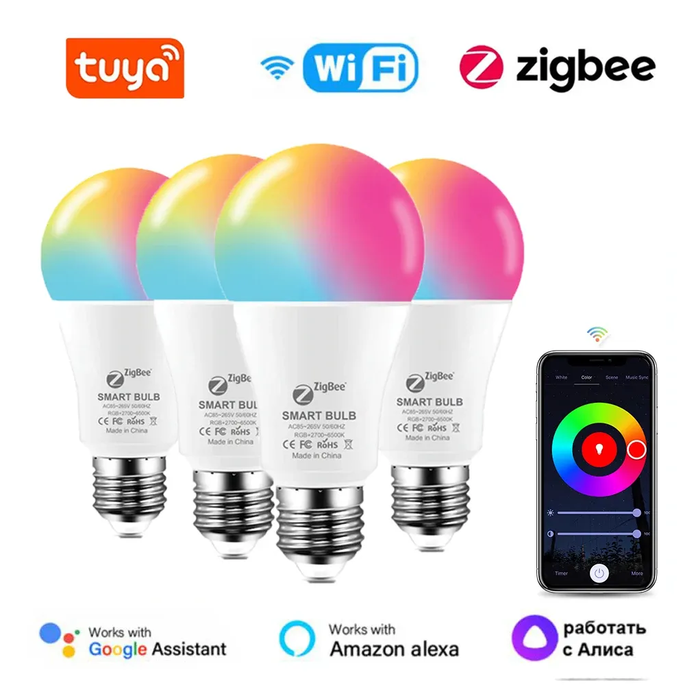 Contrôle de l'ampoule LED Smart TUYA WiFi Zigbee 15W E27 85265V RVB + WW + CW Dimmable Lamp fonctionne avec Smart Life Alexa Google Assistant