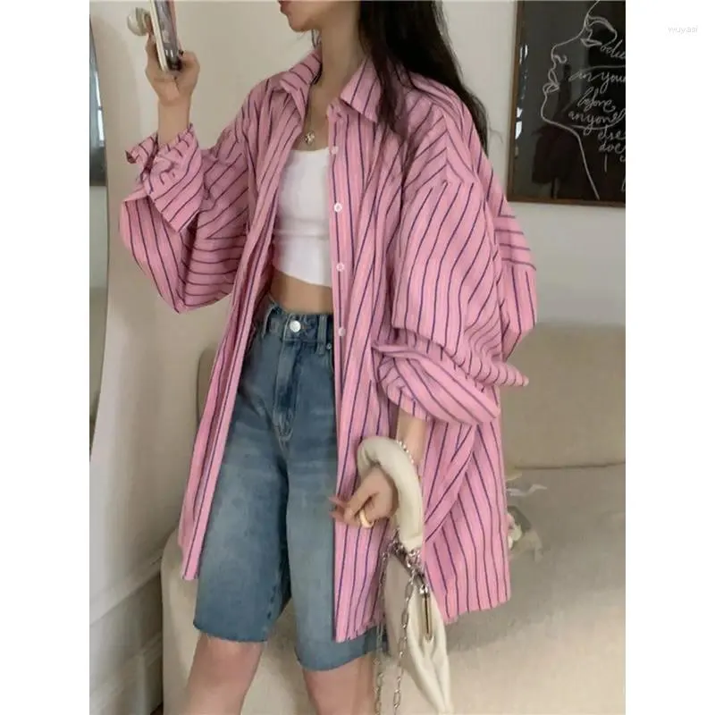 Women's Blouses XEJ Vintage Y 2k Pink Striped Shirt Long Sleeves Tunic Elegant Social Spring Summer Blouse