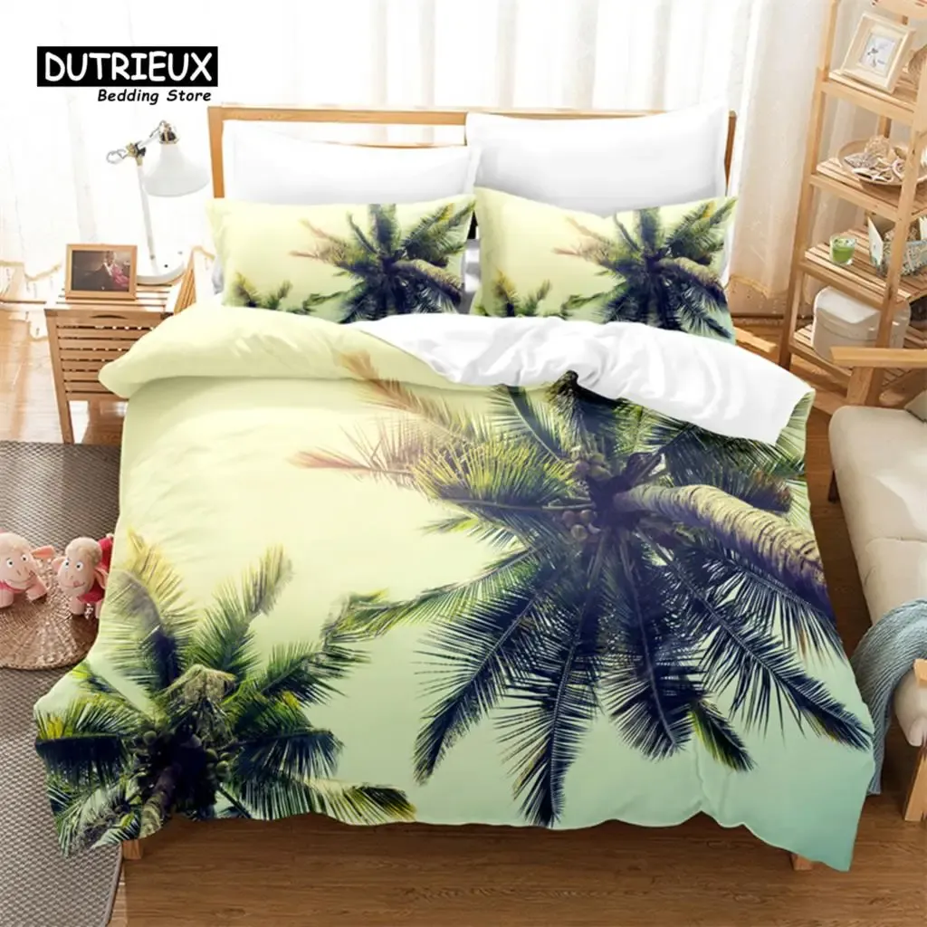 Ställ in kokosnötträd, mangrovel sängkläder, 3st täcke täckning, mjukt bekväm andningsrikt täcke, för sovrum gästrum dekor ren gardiner