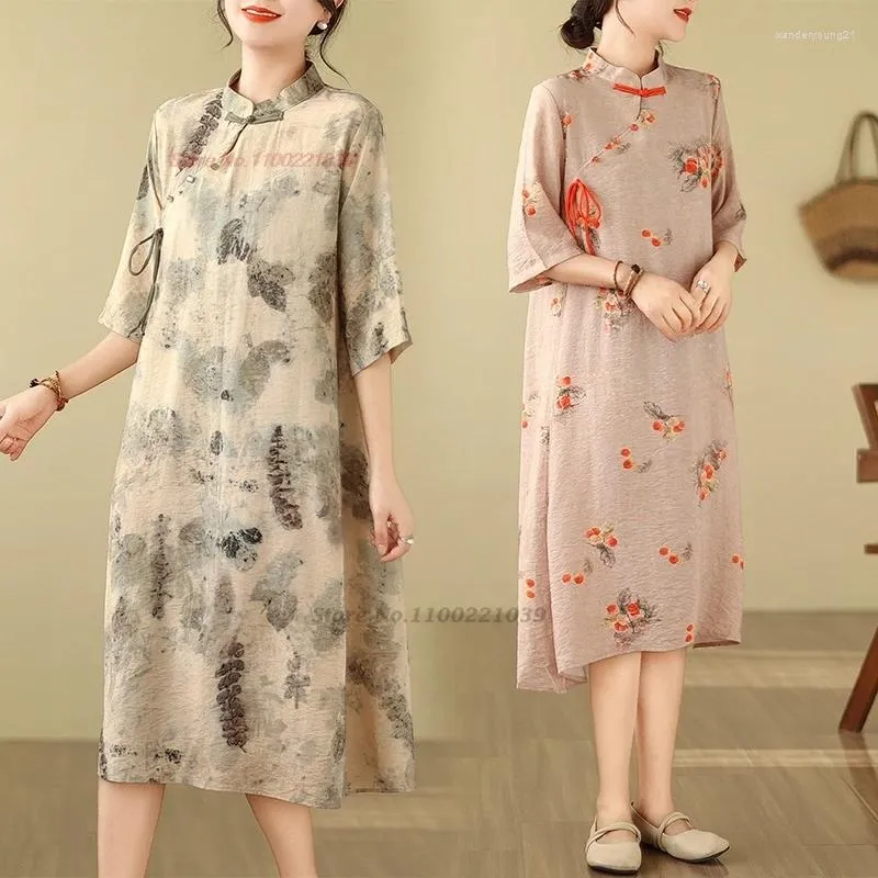 Ethnic Clothing 2024 Chinese Vintage Cheongsam Dress National Flower Print Cotton Linen Improved Qipao A-line