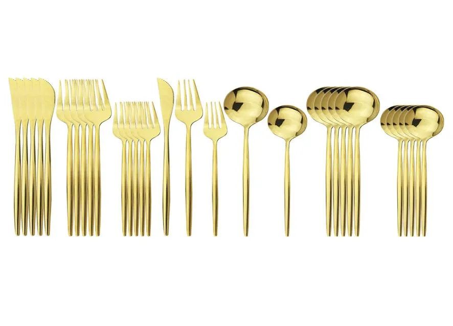 30 Pz Set Set di posate in oro Coltelli da tavola in acciaio inossidabile Forchetta da dessert Cucchiaini da dessert Cucchiaini da tè Cena Argenteria Tavolo da cucina3022537