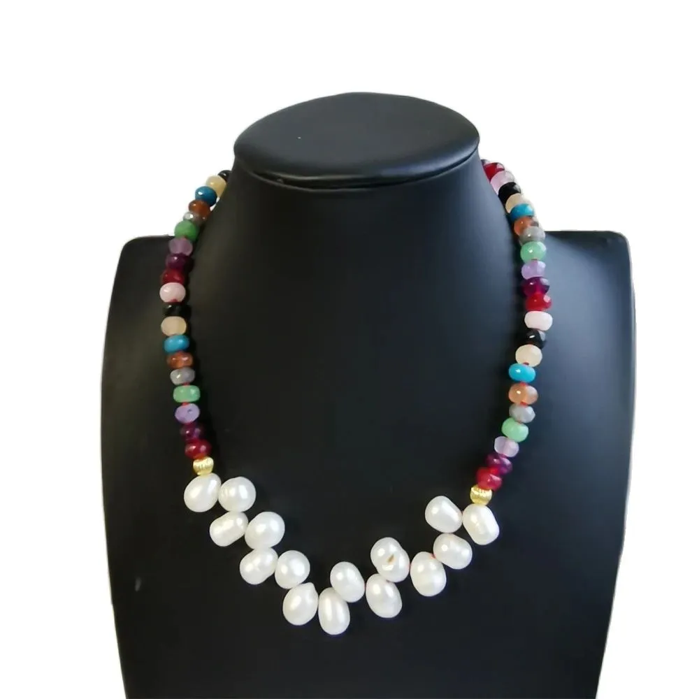 Handgeknoopte ketting Design 5x8mm snoepkleurige jade witte zoetwaterparelmix nekketting 45cm