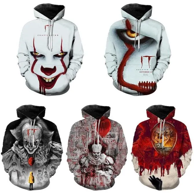 Men039s Hoodies Sweatshirts Spring Chapter Two Movie Pennywise Clown Stephen King 3D Hoodie Fashion Personality Hip Hop Pullo3227757
