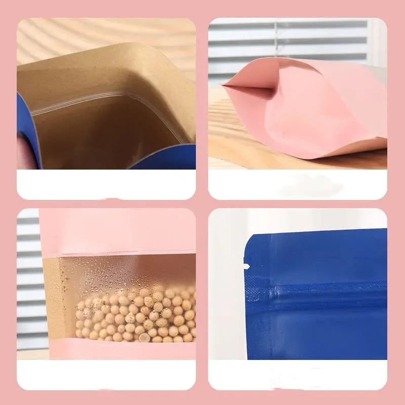 Colorful Pink Blue Kraft Paper Bags Clear Window Zipper Retail Mylar Stand Up Pouch For  Snack Candy Coffee Bean Powder Nuts Tea Seeds Gifts Packaging Storage