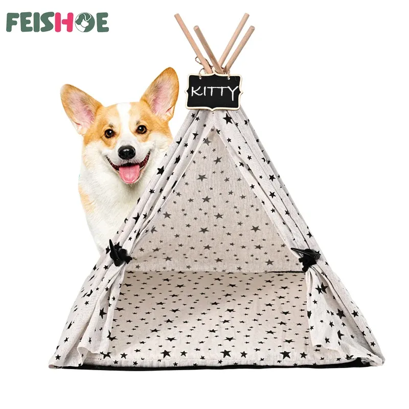 Mats Canvas Pet Tent Pet Teepee Dog Tent House Cat Bed Puppy Cat Indoor Outdoor Pet Teepee with Cushion Portable Dog Tent Supplies