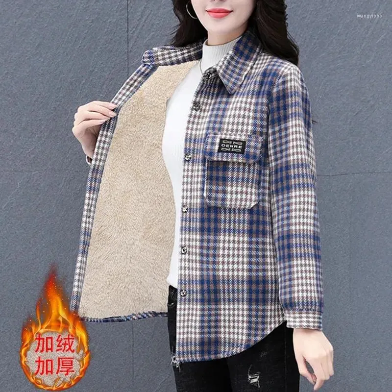 Women's Blouses Spring Autumn Winter Add Velvet Plaid Shirt Frosted Cotton Blouse Long Sleeved Casual Warm Jacket 2024