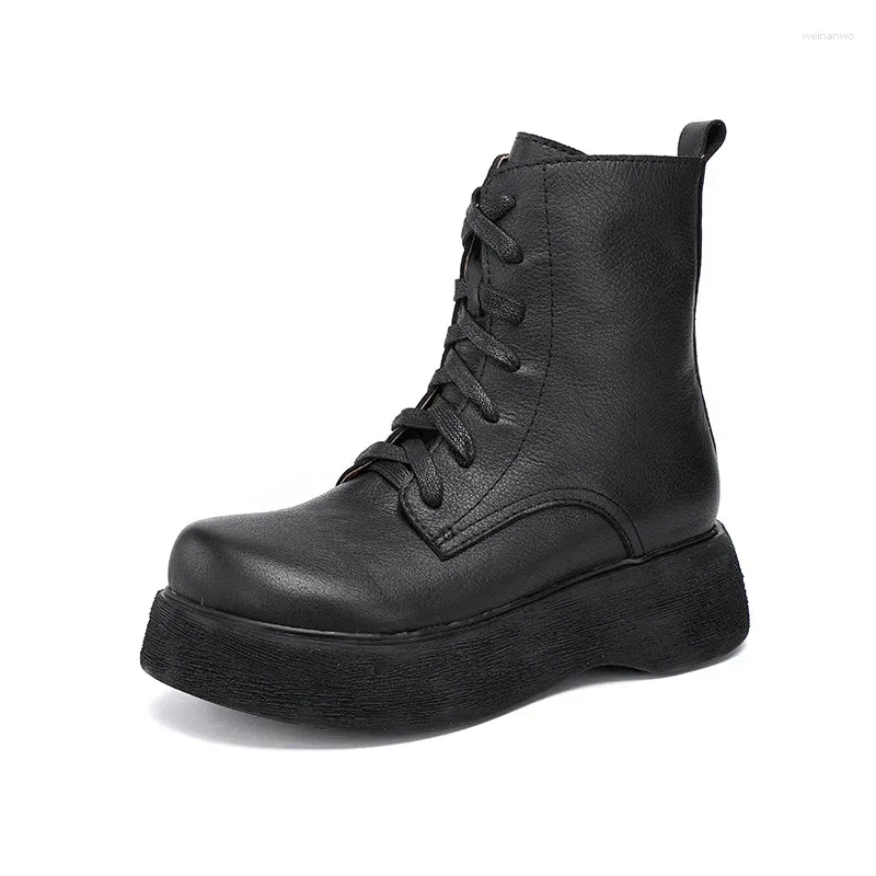 Botas YourSeason Genuíno Couro Senhoras Zip Redondo Toe Vintage 2024 Primavera Inverno Mulheres Confortáveis ​​Sapatos de Plataforma Artesanal