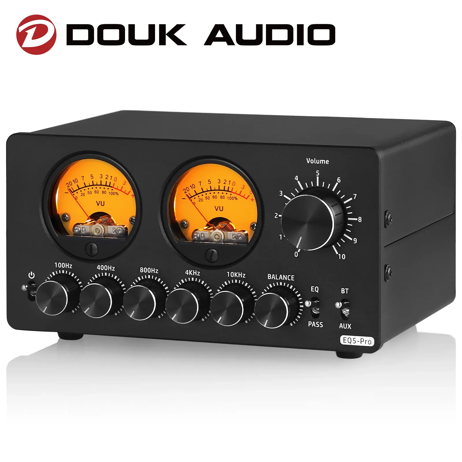 Amplifier DoUK Audio EQ5 Pro Mini 5Band EQ Equalizer med Bluetooth -mottagare 3,5 mm Aux Stereo Audio Bypass Balance Preamp w/Vu Meter