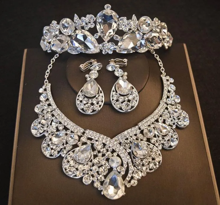 Luxurious Crystal Bling Bling Bridal Wedding Crown Necklace Earring Sets Quinceanera Party Jewelry Formal Events Bridal Jewelry Se3888643