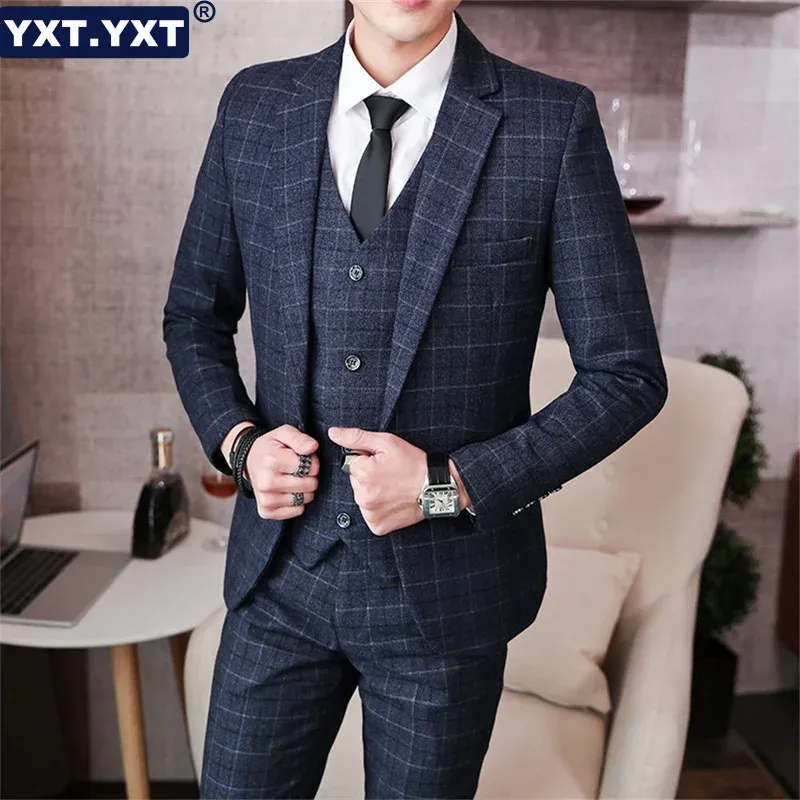 Jackets Suits for Men 2023 New in Plaid Elegant Buiness Jacket Pants Vest 3 Pieces Sets Male Formal Party Evening Wedding Pant Suits