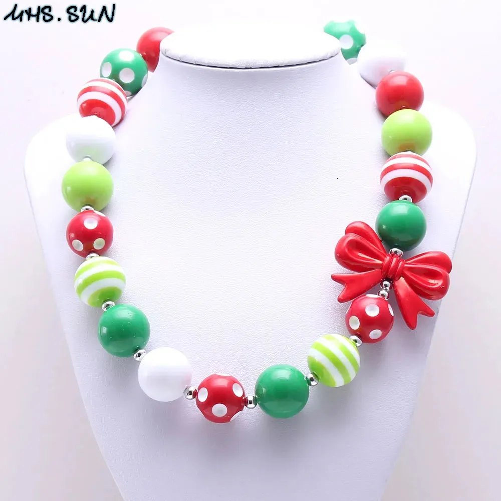 MHSSUN 2PCS Christmas Kid Kid y Naszyjnik Pretty Red Bow Girl Kids Bubblegum Bead Bejdia 240226