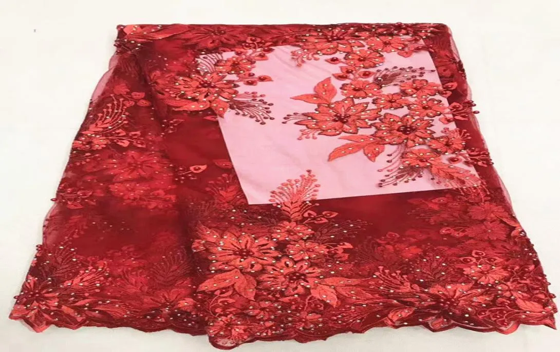 5 Y/PC Hot Sale Red Embroidery French Net spetstyg med Rhin och pärlor blomma afrikansk mesh spets för klänning LJ28-71504294