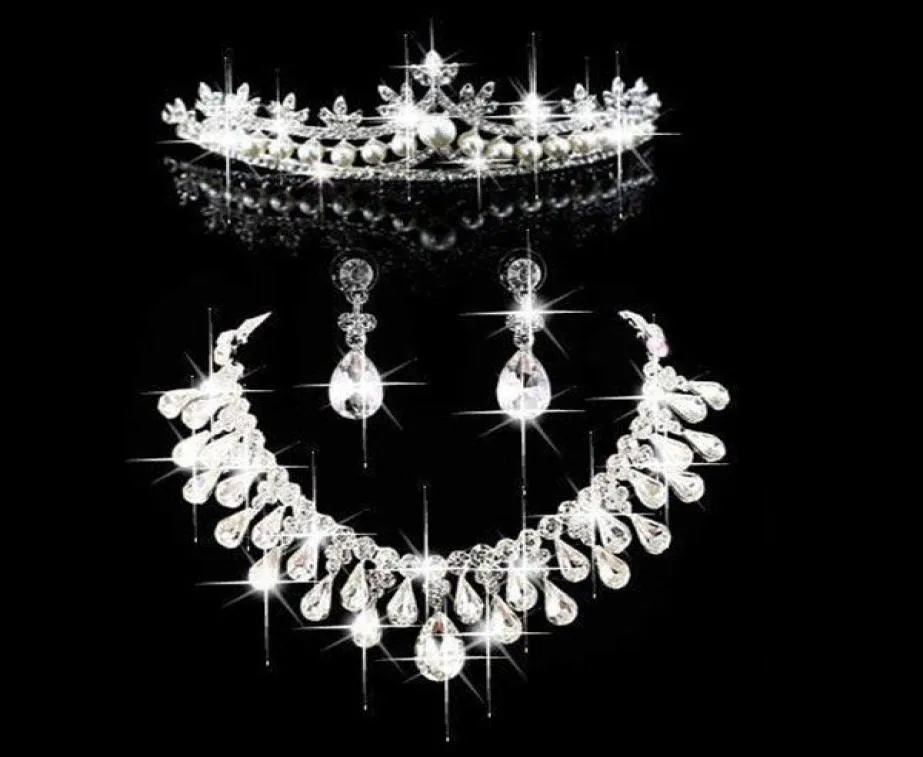 Moda pérola coroa tiara jóias de noiva gargantilha de cristal colar brincos festa de casamento à noite acessórios para o cabelo feminino cn1006409243