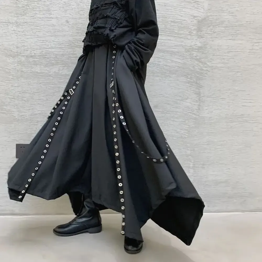 Byxor män band mörka svarta breda ben byxor manliga kvinnor japan streetwear punk gothic harem byxor kimono kjol byxor