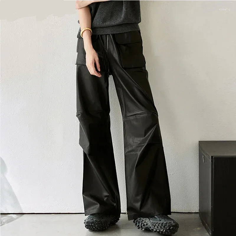 Kadın Pantolon Kat Uzunluğu Deri Kargo Kadınlar için Retro Koyun Dinili Geniş Bacak Cepleri Çizme Uzun Pantolonlar Siyah Günlük Pantalon Femme