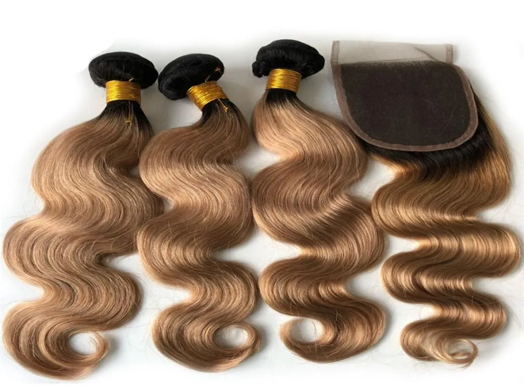 Europeu onda do corpo do cabelo humano ombre 3 pacotes com fechamento 1b27 mel loira fechamento com cabelo tece ouro loira raízes escuras hai8643134