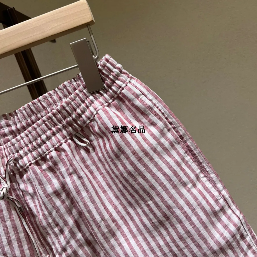 Herren-Shorts für Frühling und Sommer, Loro Piano, rosa gestreift, Strandhose aus reinem Leinen