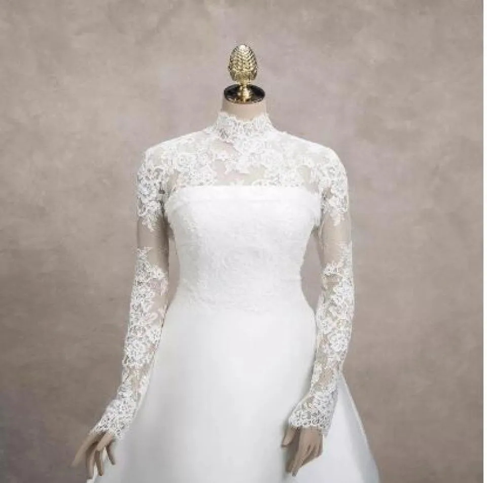 2016 High Neck Bridal Wraps Cheap Fashion Wedding Bridal Jackets Long Sleeve White Lace Wedding Wraps 4762760
