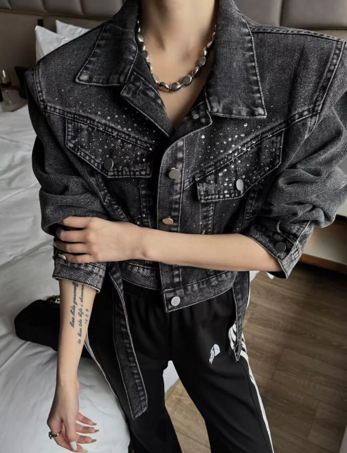 C2038 Designerjacke Damen Langarm Reverskragen Strass Jeansjacken Denim Damenmantel