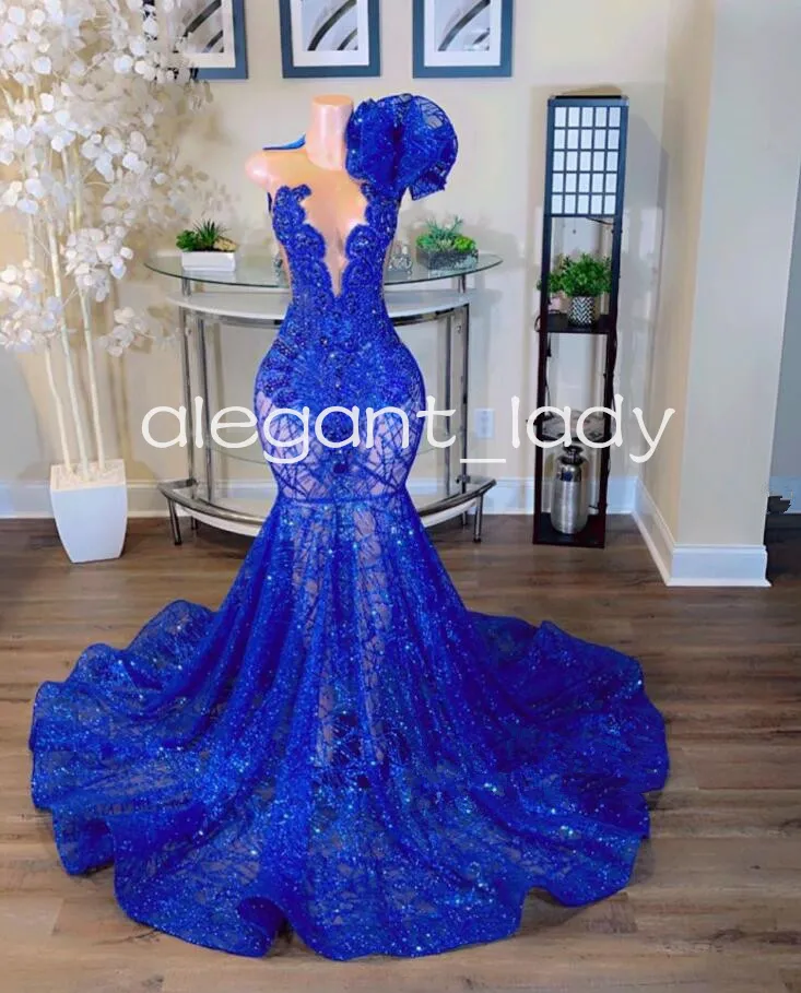 Royal Blue Long Mermaid Evening Formal Dresses Fow Women 2024 Sparkly Diamond Crystal Gillter Prom Gala klänning Sheer Mesh