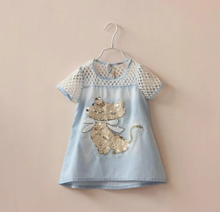 17 YEAR Girls baby Summer denim Dress 3d fox sequins kids hollow out short sleeve dress child onepiece dress Brand clothing3189128