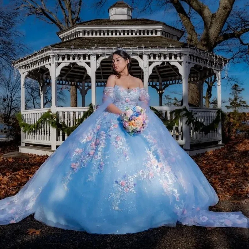 Hemelblauw glanzende baljurk quinceanera jurken d bloemen applique kanten tull vestidos de anos corset jurk voor de verjaardag