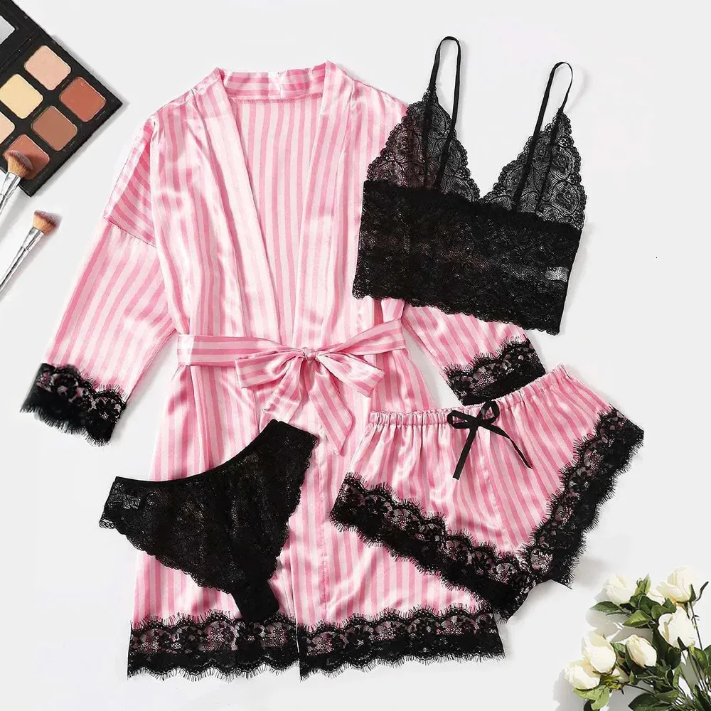 Conjunto de bata y pijama a rayas rosas, pijamas de encaje satinado de seda para mujer, pijamas de seda artificial sexy de verano, pijamas de albornoz, conjunto de vestido de noche 240301