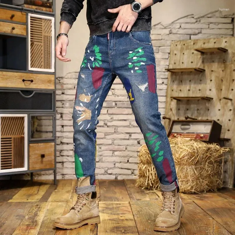 Erkekler kot pantolon baskısı sokak tasarımı denim moda çizik ince yüksek yıkanmış vintage kişilik sıska pantolon