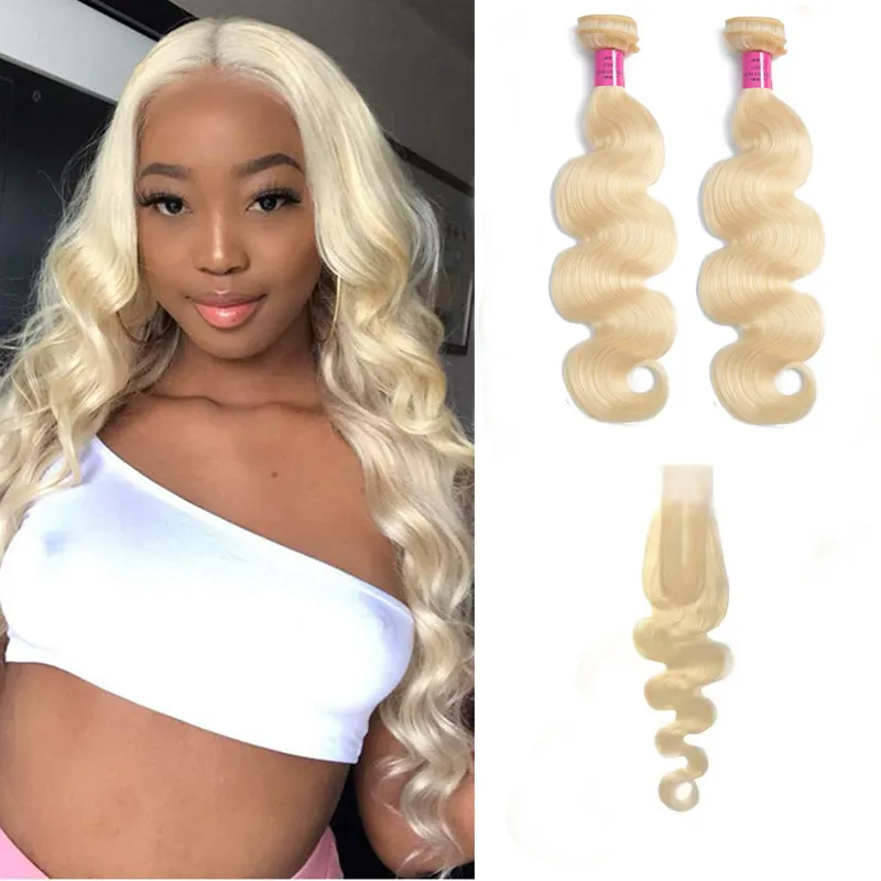 Brazilian Peruvian Indian Virgin Human Hair Blonde Color 2 Bundles With 2X6 Lace Closure Silky Straight Body Wave Middle Part 3 Pcs/lot 613#