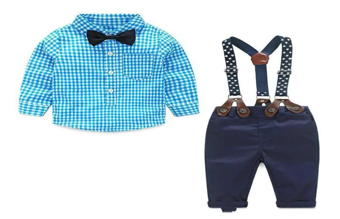 Baby Boy Clothes Spring Newborn Baby Sets Infant Kids Clothing Gentleman Suit Plaid Shirt Bow Tie Suspend Trousers 2pcs Suits6190628