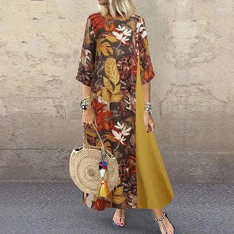 Casual Kleider 2024 Frau Sommer Kleid Vintage Baumwolle Leinen Patchwork Gedruckt Lange Lose Kleidung Streetwear Party Maxi