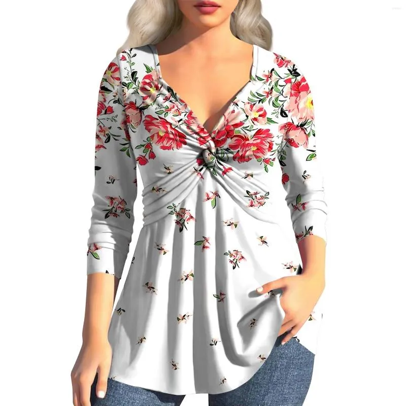 T-shirt da donna Camicia a maniche lunghe con stampa floreale Moda autunnale Basic Slim Fit Soft Sexy Top Camicetta da donna 2024