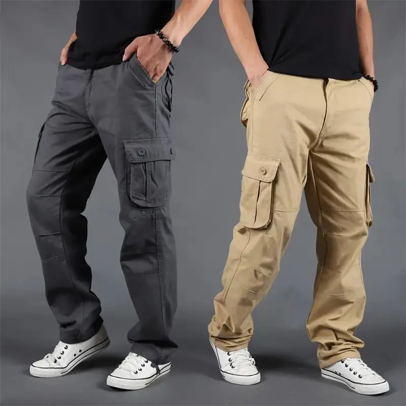 Calças masculinas tamanho grande multi-bolso solto macacão esportes ao ar livre treinamento militar jogging calças casuais soltas e confortáveis 240226
