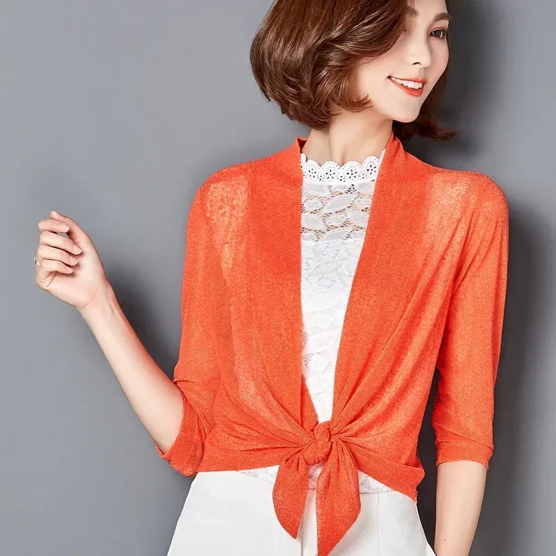 Cardigans Women Thin Cardigan Tops Summer Summer Under Mesh Cardigans tie tie tie Bow Shawl Coat Beach Shirt Jacket بالإضافة إلى حجم AB1443