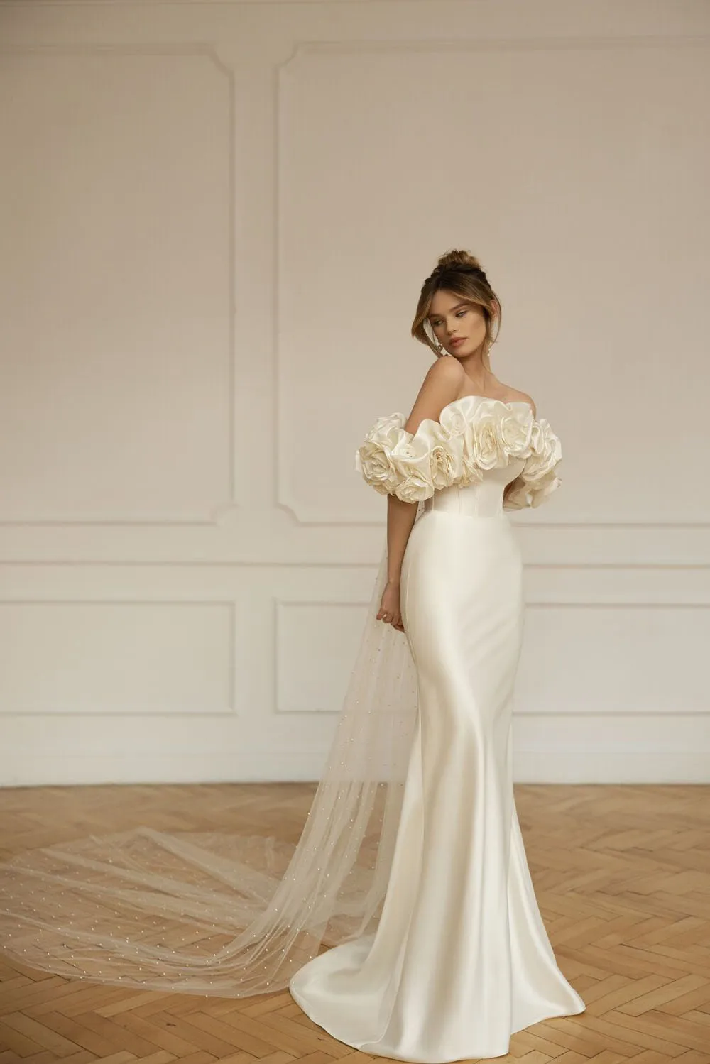 Vintage Off-Shoulder Satin Mermaid Dress Wedding with Satin Finish, Handmade Flowers, Detachable Train, and Backless Design - Plus Size Bridal Gown (