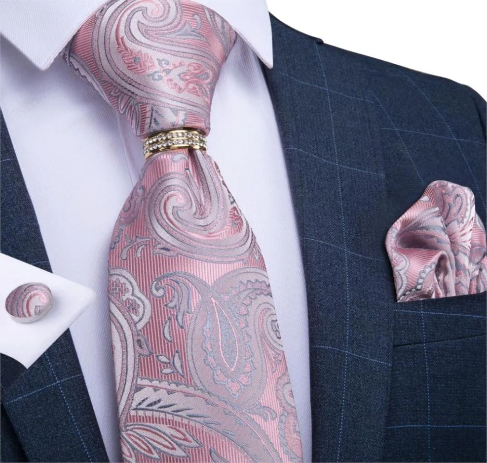 Mens Necktie Pink Silver Paisley 디자인 웨딩 넥타이 넥타이 링 실크 넥타이 세트 한키 커프스 링크 Dibangu 사업 JZ0371872162653