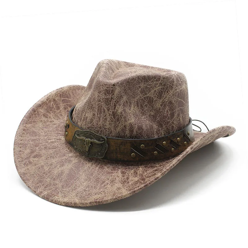 2024 nuove donne uomo cappelli retrò a tesa larga cappello jazz moda pelle scamosciata texture cappelli da cowboy occidentali per uomo donna parasole esterna