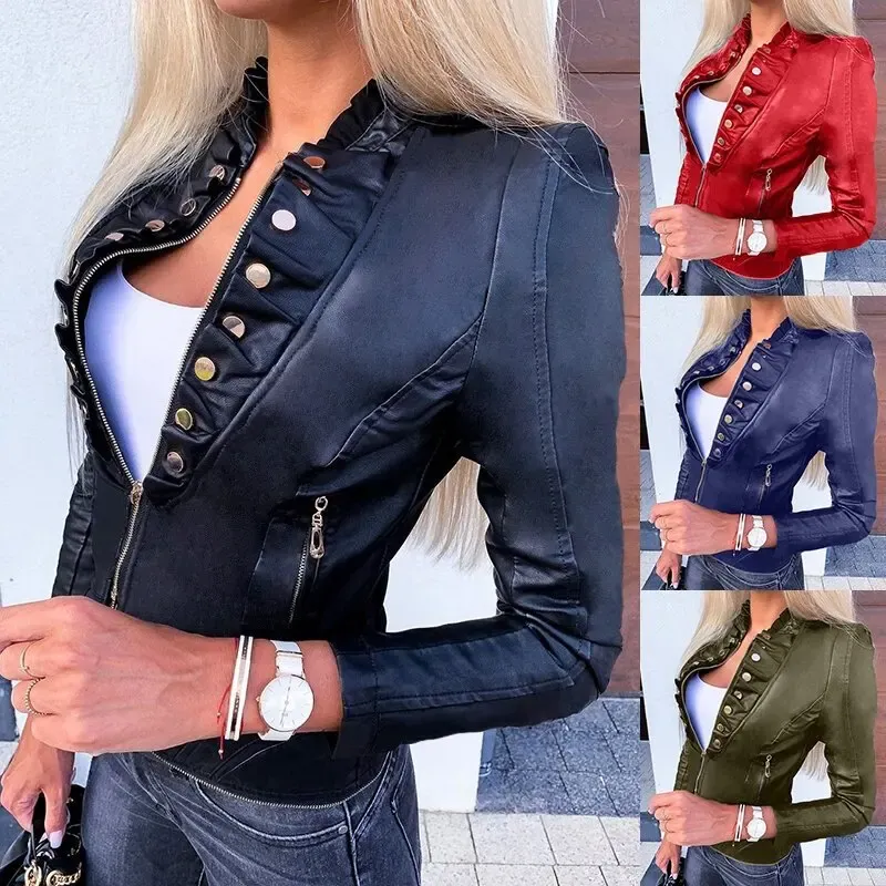 Jackor Plus Size S5XL Women Pu Leather Jacket Autumn Winter Fashion Casual dragkedja Short Slim Blazer Motorcykel svart röd blå grön