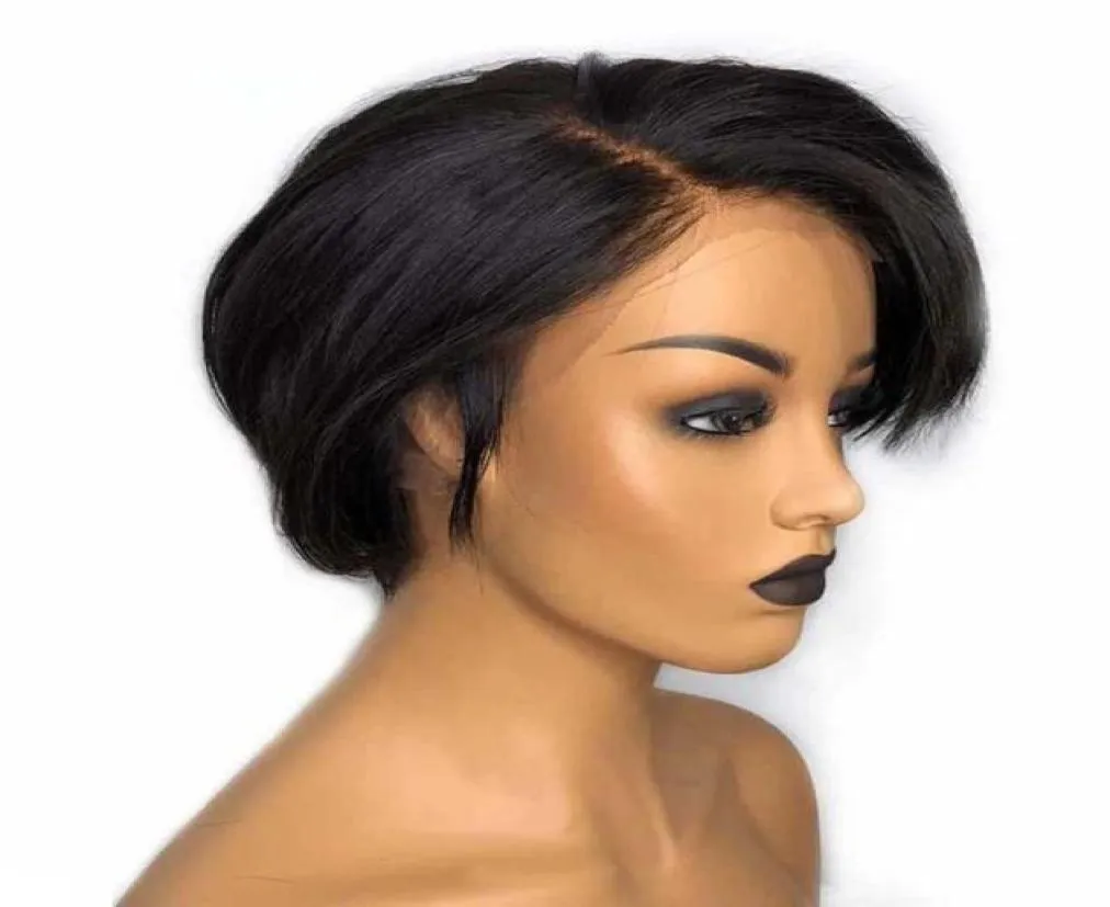 Spetsspår korta pixie klippta peruk transparent mänskligt hår för kvinnor rak frontal sida del bob 13x19190796