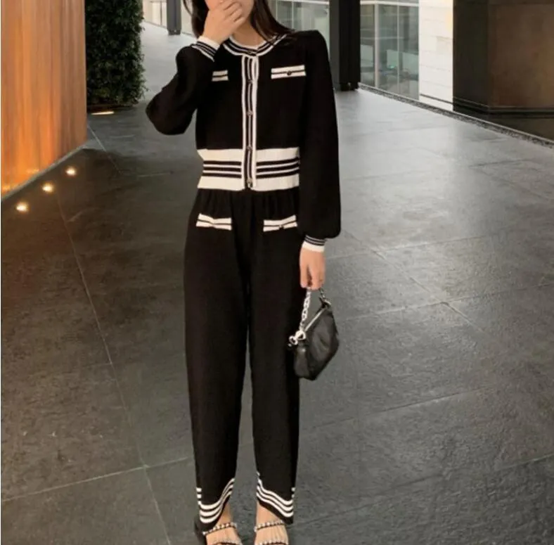 Spring Women's Casual Tracksuits Knittd Spits Fashion Black Professional 2-częściowy zestaw Kobiet Pullover Business Sweter + szerokie nogi