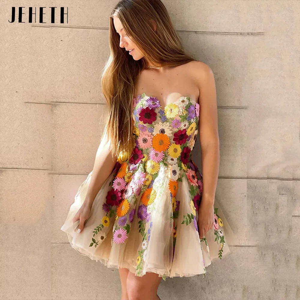 JEHETH Champanhe Strapless Flores Tulle Mini Prom Homecoming Vestido Requintado Querida Uma Linha Festa de Noite Vestido de Formatura 240227