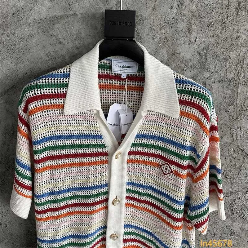 Herrtröjor överdimensionerade Casablanca Jacquard Men Kvinnor 1 Kvalitet Rainbow Stripes Sticked Cardigan Sweatercoat 2024